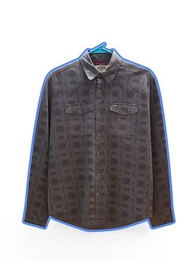 De Coded Grey and Purple Patterned Snap Button Shirt Size Large 100% Cotton